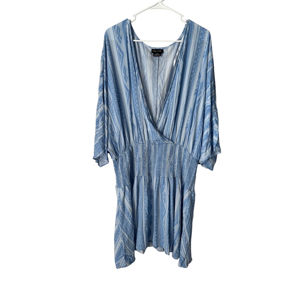 City Chic Plus Size 20 L Blue Geometric Print Smocked Waist Kimono Sleeve Dress